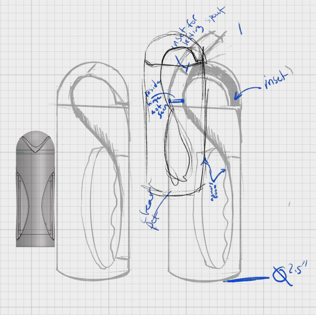 Concept sketch of a cylindrical product with a handle, featuring product cad drawing central islip ny, annotations in blue ink highlighting design elements. The drawing includes details on the handle grip, inset for pouring spout, and ergonomic contours. A smaller rendering on the left shows the product in shaded form with a diameter of 2.5 inches.